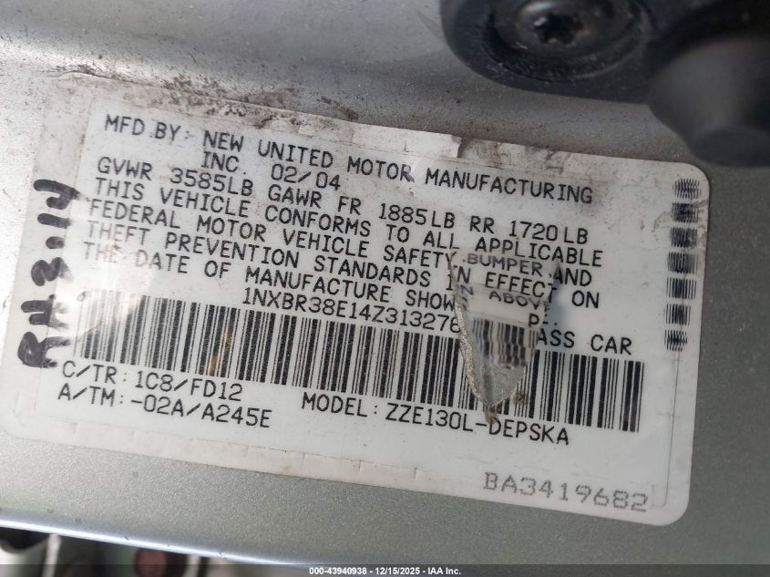 2004 Toyota Corolla S VIN: 1NXBR38E14Z313276 Lot: 43940938