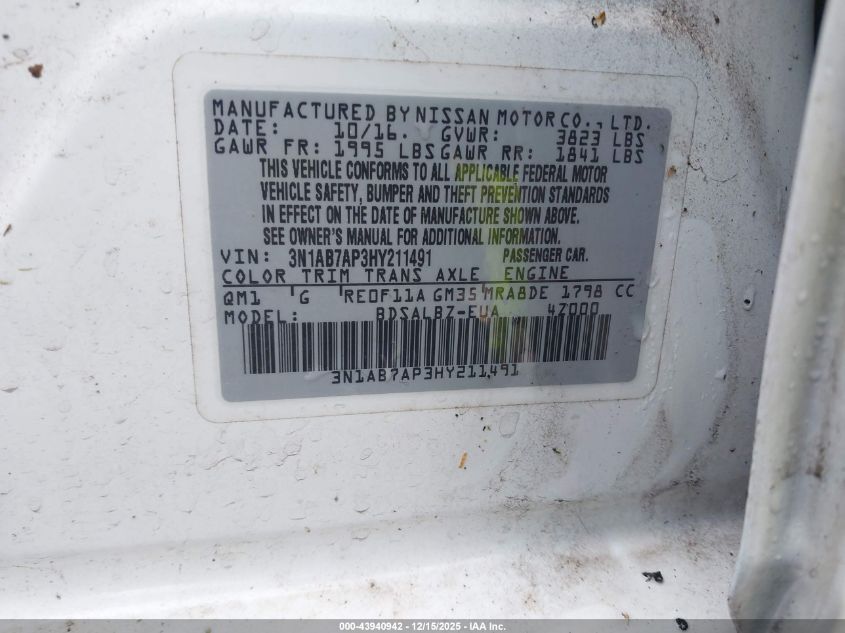 2017 Nissan Sentra S VIN: 3N1AB7AP3HY211491 Lot: 43940942