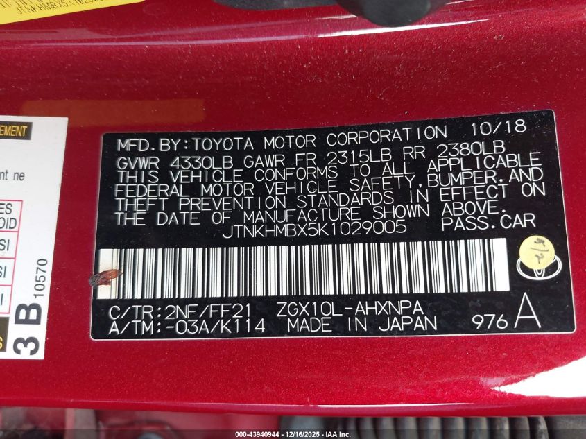 2019 Toyota C-Hr Xle VIN: JTNKHMBX5K1029005 Lot: 43940944