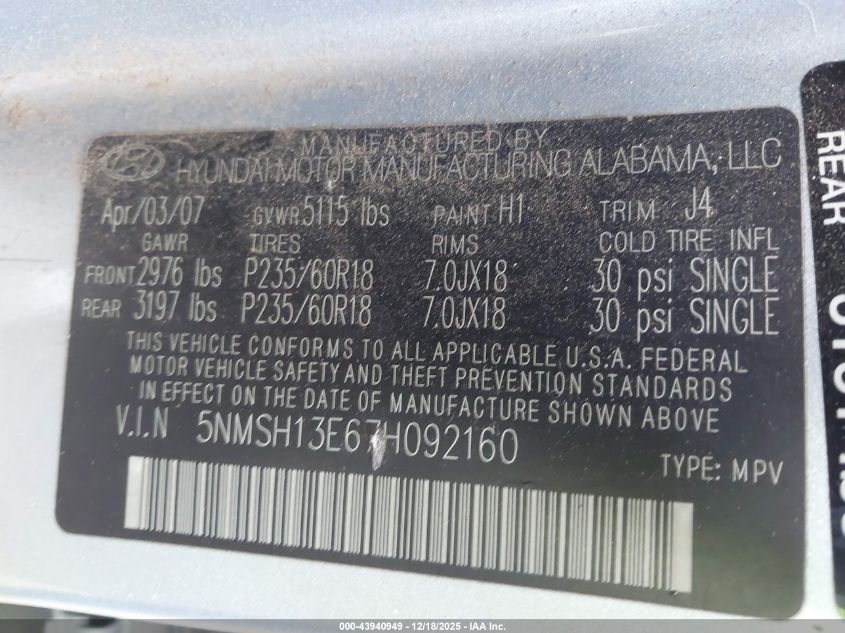 2007 Hyundai Santa Fe Limited/Se VIN: 5NMSH13E67H092160 Lot: 43940949