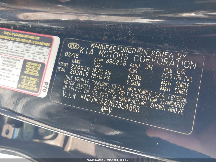 2016 Kia Soul VIN: KNDJN2A20G7354863 Lot: 43940952