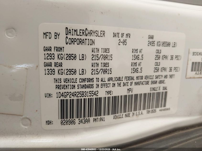 2005 Dodge Grand Caravan Se VIN: 1D4GP24R25B315542 Lot: 43940953