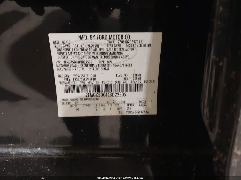 2012 Ford Flex Limited VIN: 2FMGK5DC4CBD22505 Lot: 43940954