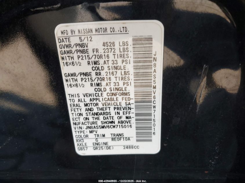 2012 Nissan Rogue S VIN: JN8AS5MV6CW715016 Lot: 43940955