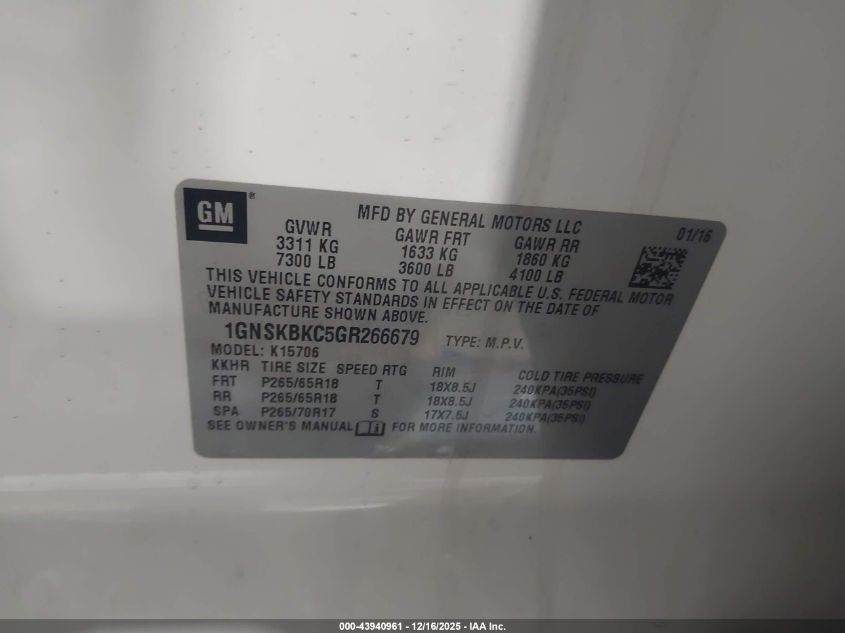 2016 Chevrolet Tahoe Lt VIN: 1GNSKBKC5GR266679 Lot: 43940961