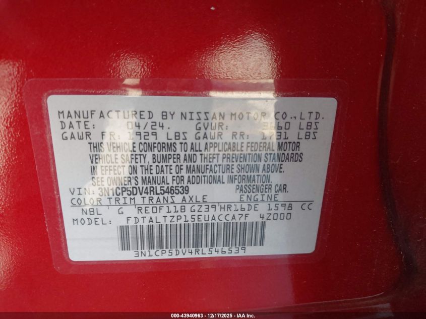 2024 Nissan Kicks Sr Xtronic Cvt VIN: 3N1CP5DV4RL546539 Lot: 43940963