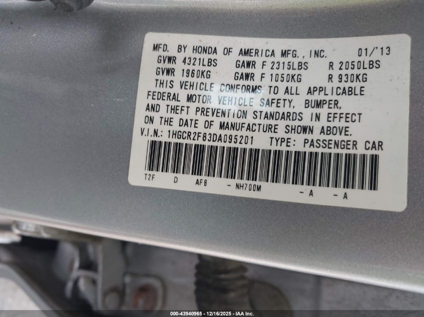 2013 Honda Accord Ex-L VIN: 1HGCR2F83DA095201 Lot: 43940965