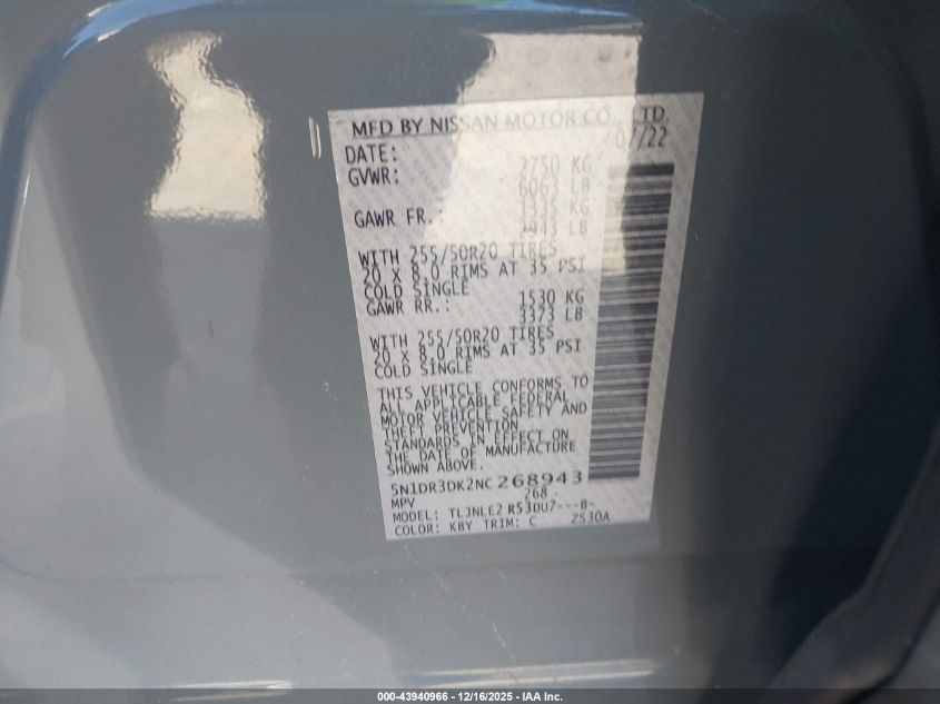 2022 Nissan Pathfinder Platinum 4Wd VIN: 5N1DR3DK2NC268943 Lot: 43940966