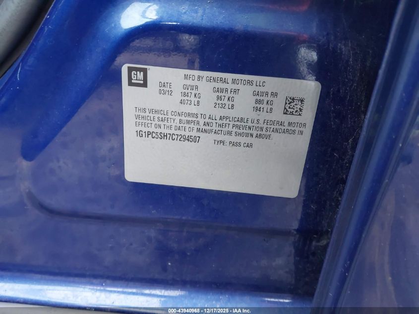 2012 Chevrolet Cruze Ls VIN: 1G1PC5SH7C7294507 Lot: 43940968