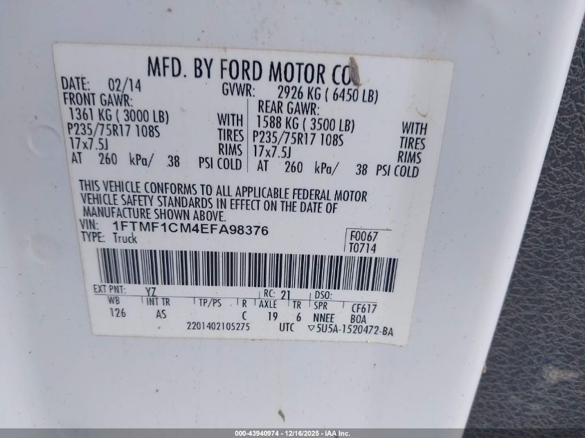 2014 Ford F-150 Xl VIN: 1FTMF1CM4EFA98376 Lot: 43940974