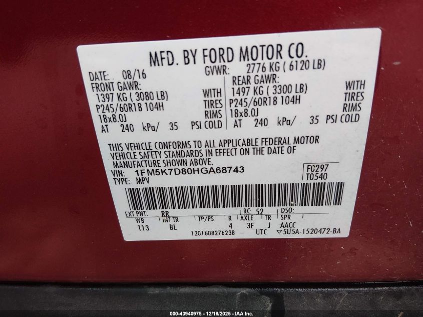 2017 Ford Explorer Xlt VIN: 1FM5K7D80HGA68743 Lot: 43940975