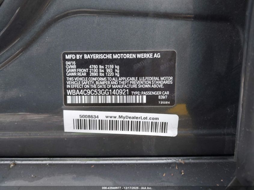 2016 BMW 428I Gran Coupe xDrive VIN: WBA4C9C53GG140921 Lot: 43940977