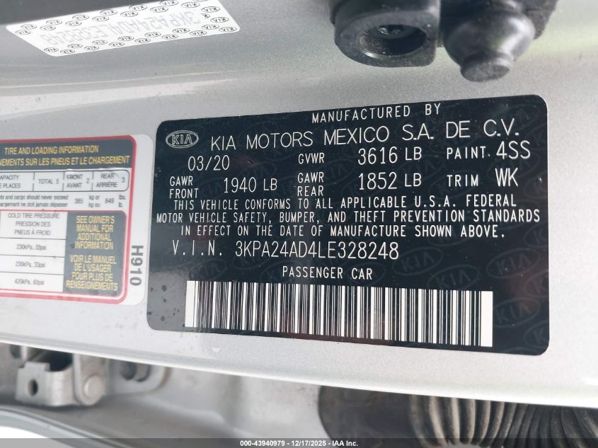 2020 Kia Rio S VIN: 3KPA24AD4LE328248 Lot: 43940979