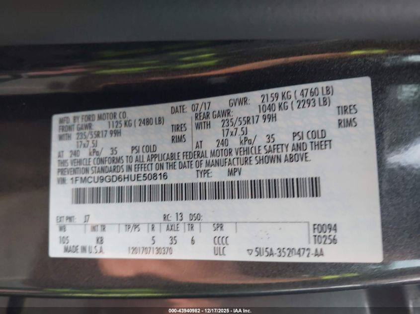 2017 Ford Escape Se VIN: 1FMCU9GD6HUE50816 Lot: 43940982