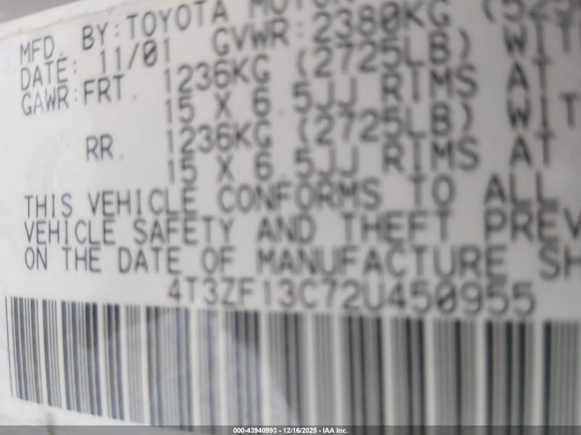 2002 Toyota Sienna Le VIN: 4T3ZF13C72U450955 Lot: 43940993