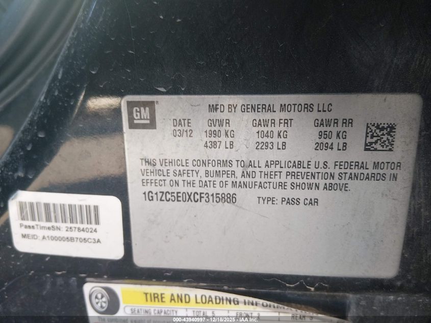 2012 Chevrolet Malibu 1Lt VIN: 1G1ZC5E0XCF315886 Lot: 43940997