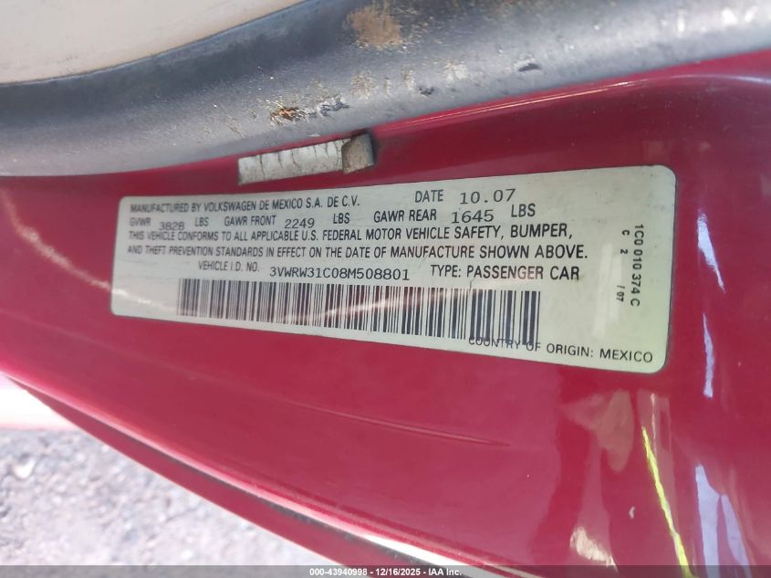 2008 Volkswagen New Beetle S/Se VIN: 3VWRW31C08M508801 Lot: 43940998