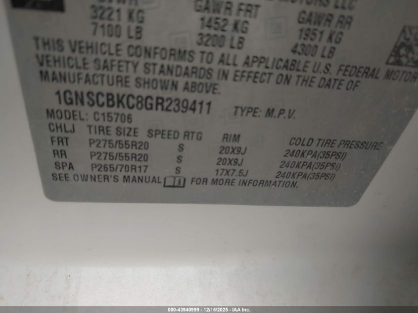 2016 Chevrolet Tahoe Lt VIN: 1GNSCBKC8GR239411 Lot: 43940999