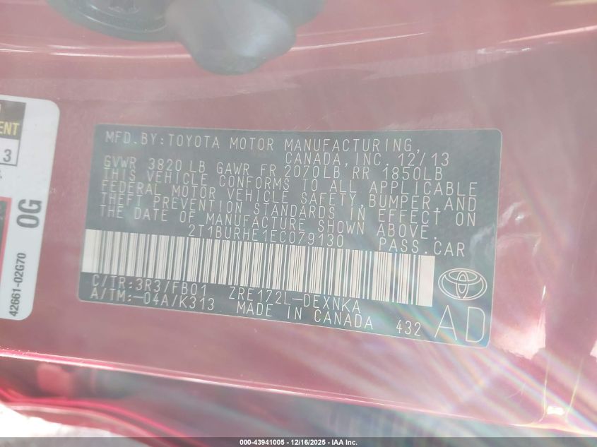 2014 Toyota Corolla Le Plus VIN: 2T1BURHE1EC079130 Lot: 43941005