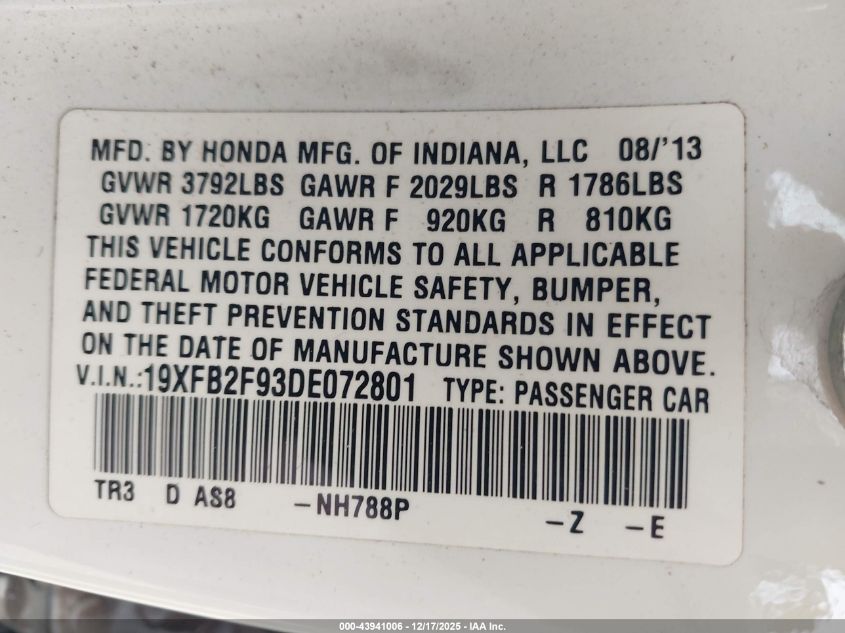 2013 Honda Civic Ex-L VIN: 19XFB2F93DE072801 Lot: 43941006
