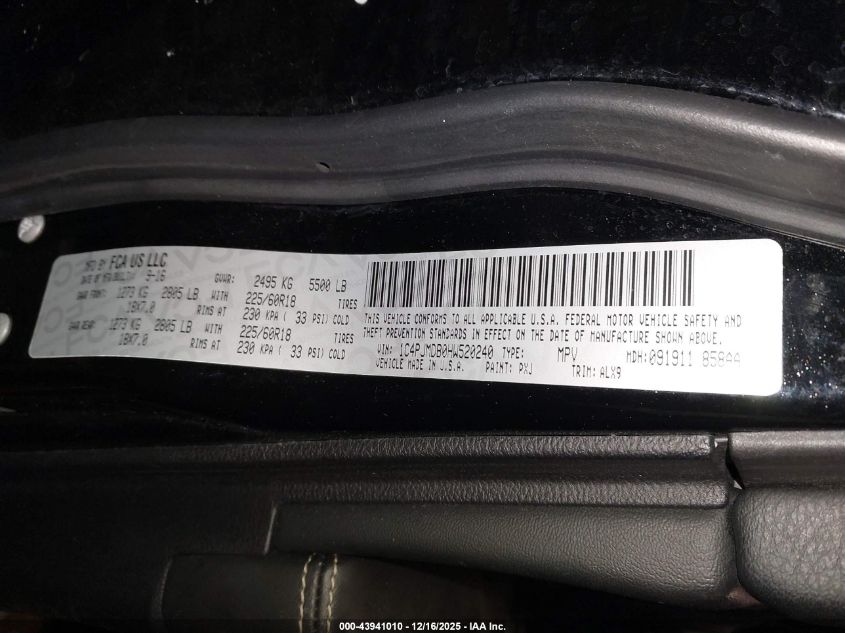 2017 Jeep Cherokee Limited 4X4 VIN: 1C4PJMDB0HW520240 Lot: 43941010