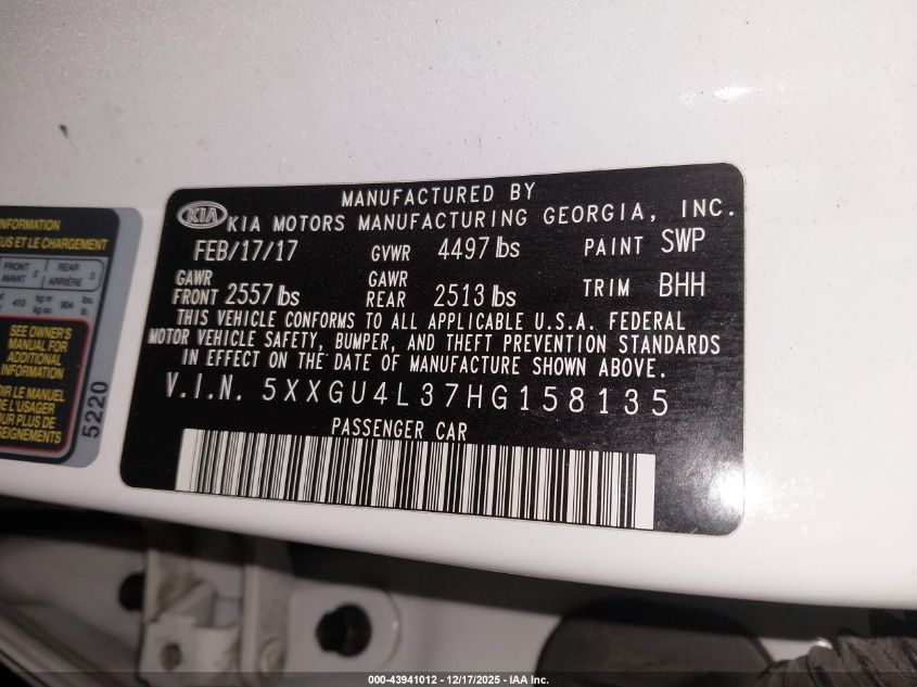 2017 Kia Optima Ex VIN: 5XXGU4L37HG158135 Lot: 43941012