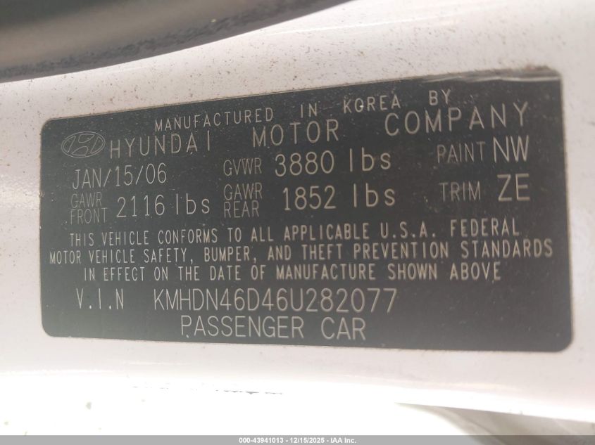 2006 Hyundai Elantra Gls/Limited VIN: KMHDN46D46U282077 Lot: 43941013