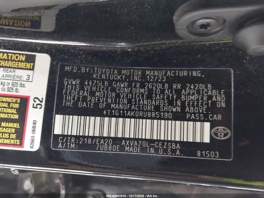 2024 Toyota Camry Se VIN: 4T1G11AK0RU885190 Lot: 43941015