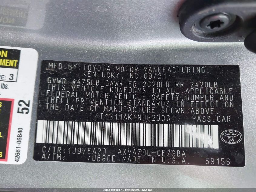 2022 Toyota Camry Se VIN: 4T1G11AK4NU623361 Lot: 43941017