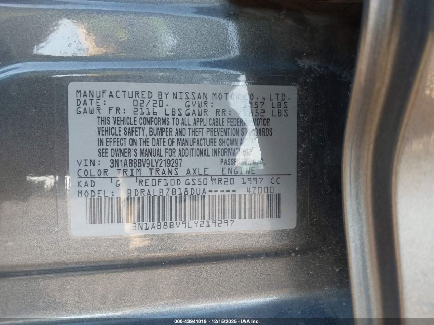 2020 Nissan Sentra S Xtronic Cvt VIN: 3N1AB8BV9LY219297 Lot: 43941019