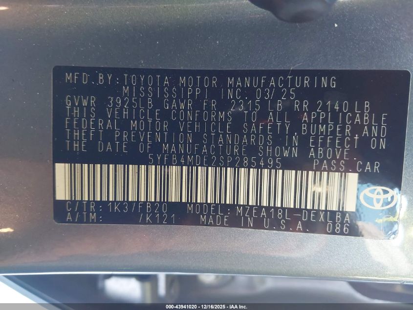 2025 Toyota Corolla Le VIN: 5YFB4MDE2SP285495 Lot: 43941020
