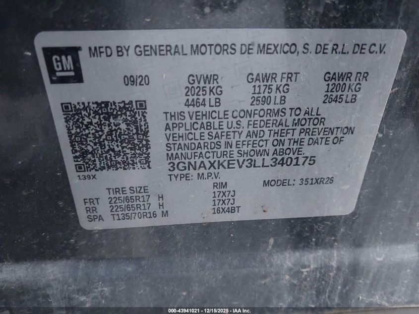 2020 Chevrolet Equinox Fwd Lt 1.5L Turbo VIN: 3GNAXKEV3LL340175 Lot: 43941021
