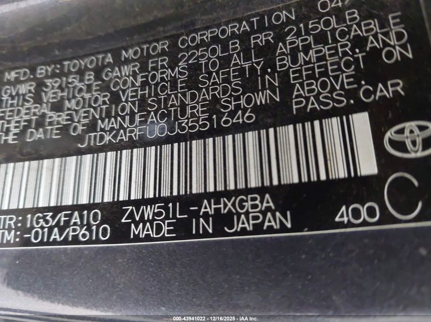 2018 Toyota Prius Three VIN: JTDKARFU0J3551646 Lot: 43941022