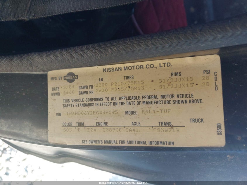 1N6ND06Y2EC339515 1984 DATSUN 720 photo no. 9