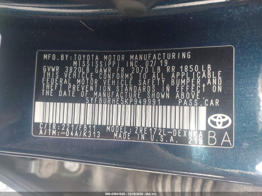 2019 Toyota Corolla Le VIN: 5YFBURHE5KP949991 Lot: 43941028