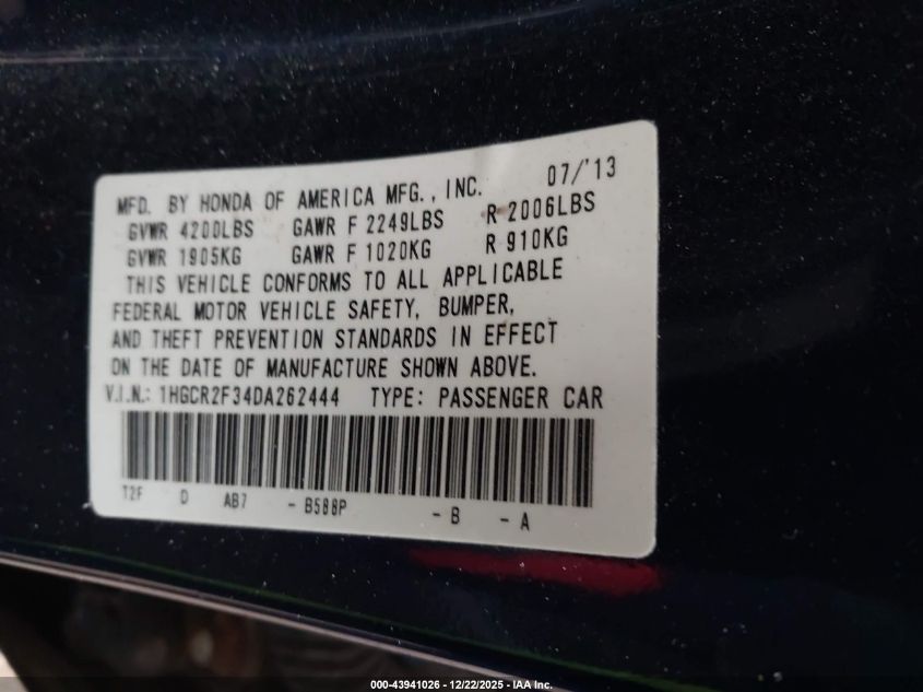 2013 Honda Accord Lx VIN: 1HGCR2F34DA262444 Lot: 43941026