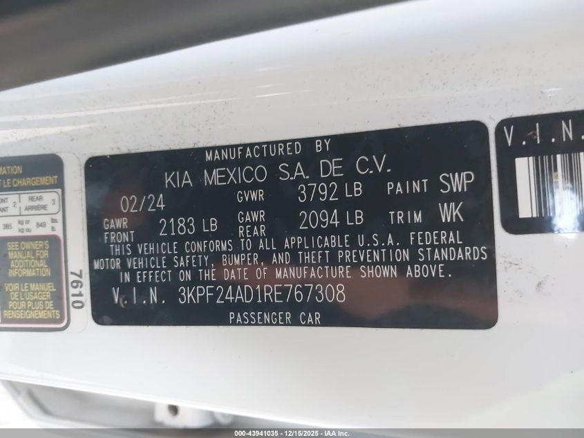 2024 Kia Forte Lxs VIN: 3KPF24AD1RE767308 Lot: 43941035