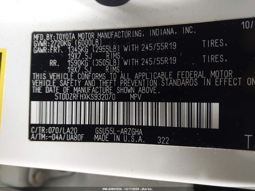 2019 Toyota Highlander Limited Platinum VIN: 5TDDZRFHXKS932070 Lot: 43941034