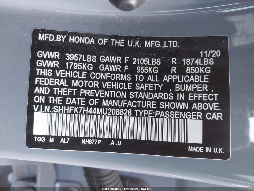 2021 Honda Civic Sport VIN: SHHFK7H44MU208828 Lot: 43941036