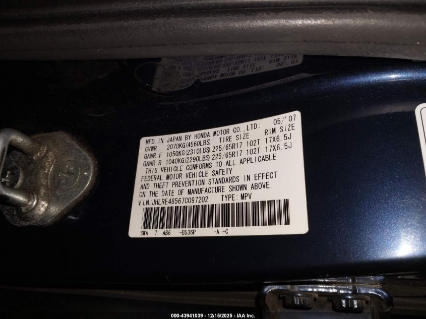 2007 Honda Cr-V Ex VIN: JHLRE48567C097202 Lot: 43941039