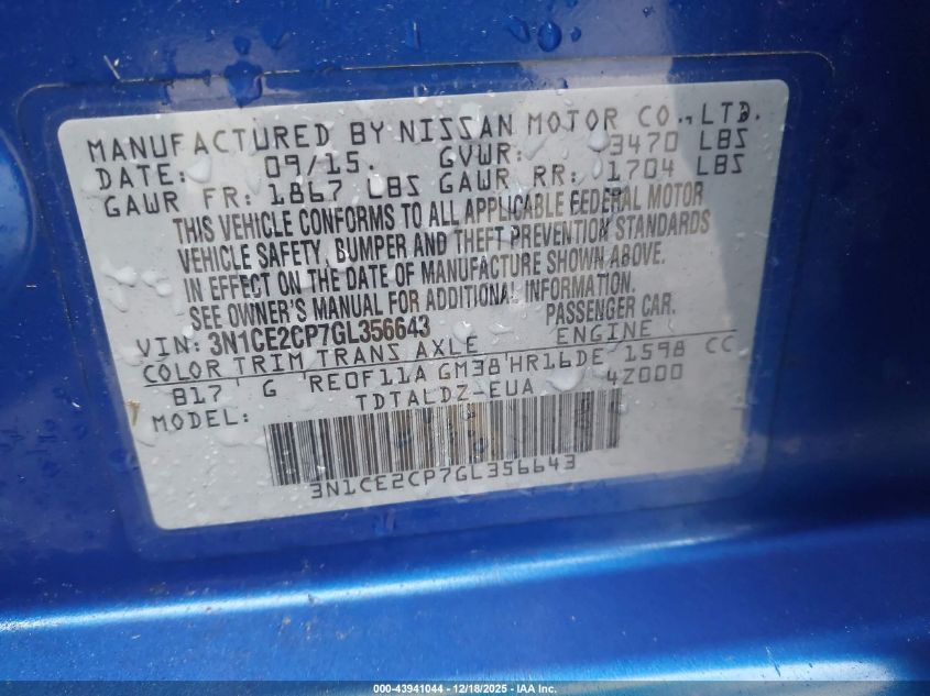 2016 Nissan Versa Note S (Sr)/S Plus/Sl/Sr/Sv VIN: 3N1CE2CP7GL356643 Lot: 43941044