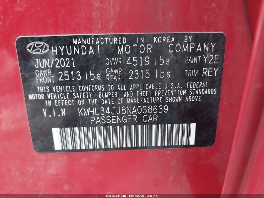 2022 Hyundai Sonata Hybrid Sel VIN: KMHL34JJ8NA038639 Lot: 43941046