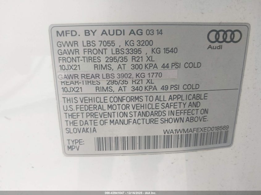 2014 Audi Q7 3.0 Tdi Premium VIN: WA1WMAFEXED018569 Lot: 43941047