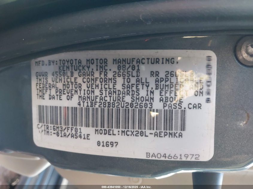 2002 Toyota Avalon Xl VIN: 4T1BF28B82U202603 Lot: 43941050