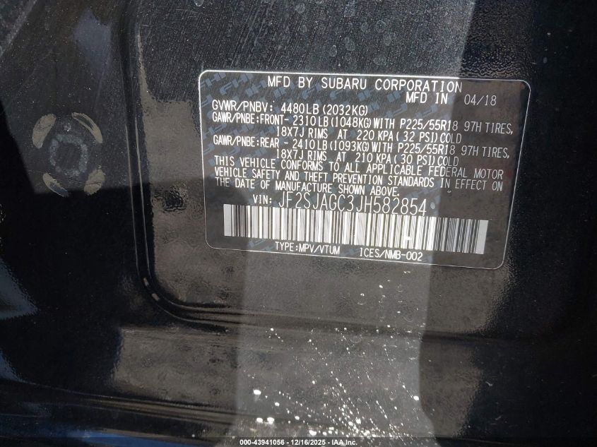 2018 Subaru Forester 2.5I Premium VIN: JF2SJAGC3JH582854 Lot: 43941056