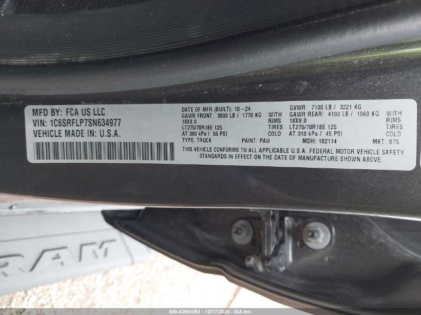 2025 Ram 1500 Rebel 4X4 5'7 Box VIN: 1C6SRFLP7SN634977 Lot: 43941061