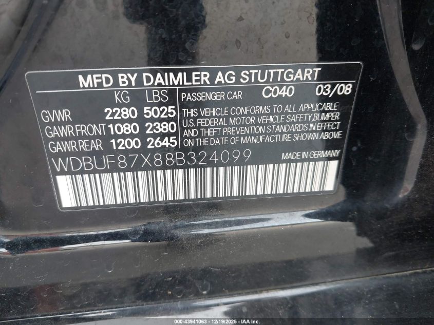 2008 Mercedes-Benz E 350 4Matic VIN: WDBUF87X88B324099 Lot: 43941063