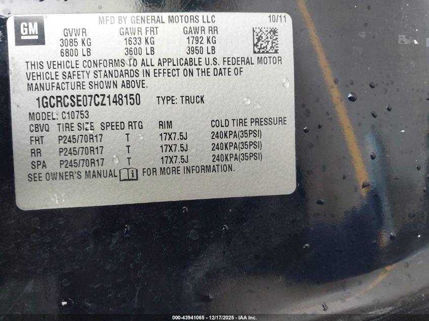 2012 Chevrolet Silverado 1500 Lt VIN: 1GCRCSE07CZ148150 Lot: 43941065