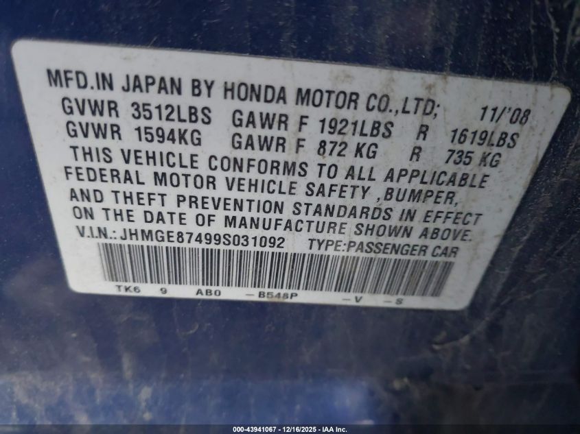 2009 Honda Fit Sport VIN: JHMGE87499S031092 Lot: 43941067