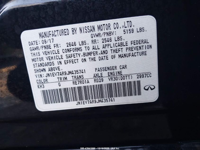 2018 Infiniti Q50 3.0T Luxe VIN: JN1EV7AR9JM435741 Lot: 43941068